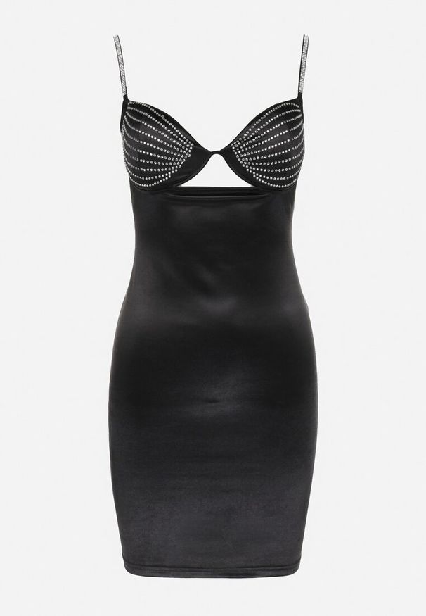 Born2be - Czarna Satynowa Sukienka z Cyrkoniami przy Dekolcie Sagela. Kolor: czarny. Materiał: satyna. Długość rękawa: na ramiączkach. Długość: mini