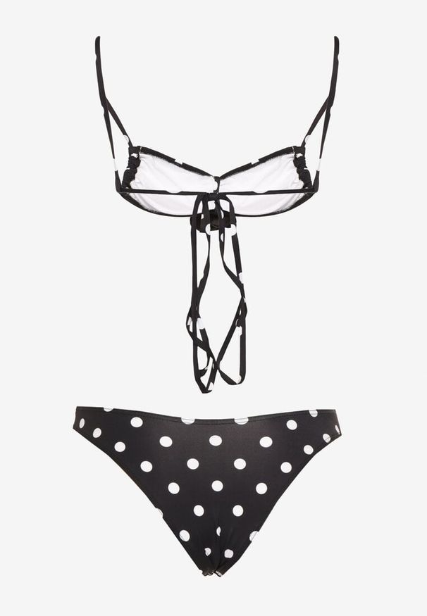 Born2be - Czarne Bikini w Kropki Biustonosz i Majtki Figi z Kwiatowymi Aplikacjami Moritia. Kolor: czarny. Wzór: kwiaty, aplikacja, kropki