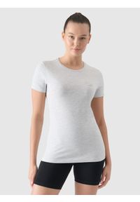 4f - 4F T-shirt slim gładki damski - szary M. Okazja: na co dzień. Kolor: szary. Materiał: dzianina, bawełna, jersey, materiał, elastan. Długość rękawa: krótki rękaw. Długość: krótkie. Wzór: gładki. Sezon: lato. Styl: klasyczny, sportowy, casual