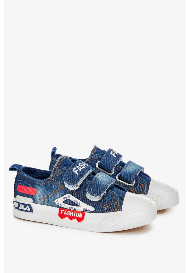Casu - Granatowe trampki jeansowe na rzepy casu 10/4/21/mgw/12. Zapięcie: rzepy. Kolor: niebieski, czerwony, wielokolorowy. Materiał: jeans