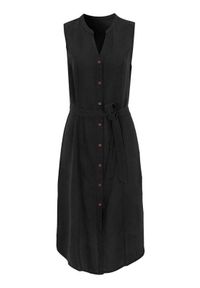 Cellbes Lniana sukienka z drewnianymi guzikami Czarny female czarny 62/64. Typ kołnierza: dekolt w serek, kołnierzyk stójkowy. Kolor: czarny. Materiał: len