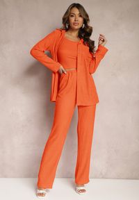 Renee - Pomarańczowy 3-częściowy Plisowany Komplet z Topem Koszulą i Spodniami Vinett. Kolor: pomarańczowy. Materiał: tkanina #3