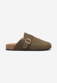 Born2be - Zielone Klapki z Ozdobnym Paskiem i Klamrą Calevelis. Nosek buta: okrągły. Kolor: zielony. Materiał: jeans. Obcas: na obcasie. Styl: klasyczny, elegancki. Wysokość obcasa: średni #6