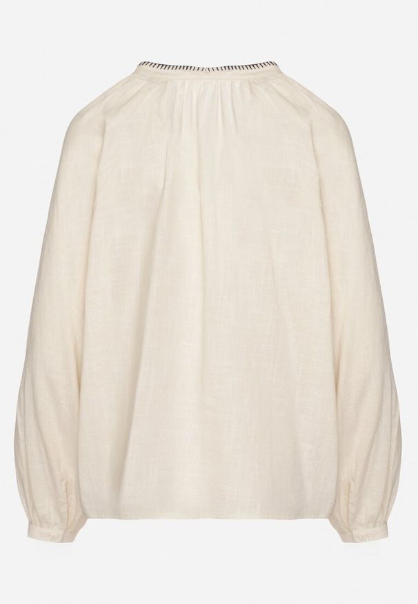 Born2be - Beżowa Bawełniana Koszula Oversize z Kwiatowym Haftem Lorvesa. Okazja: na co dzień. Kolor: beżowy. Materiał: bawełna. Długość rękawa: długi rękaw. Długość: długie. Wzór: kwiaty, haft. Styl: klasyczny, casual, elegancki