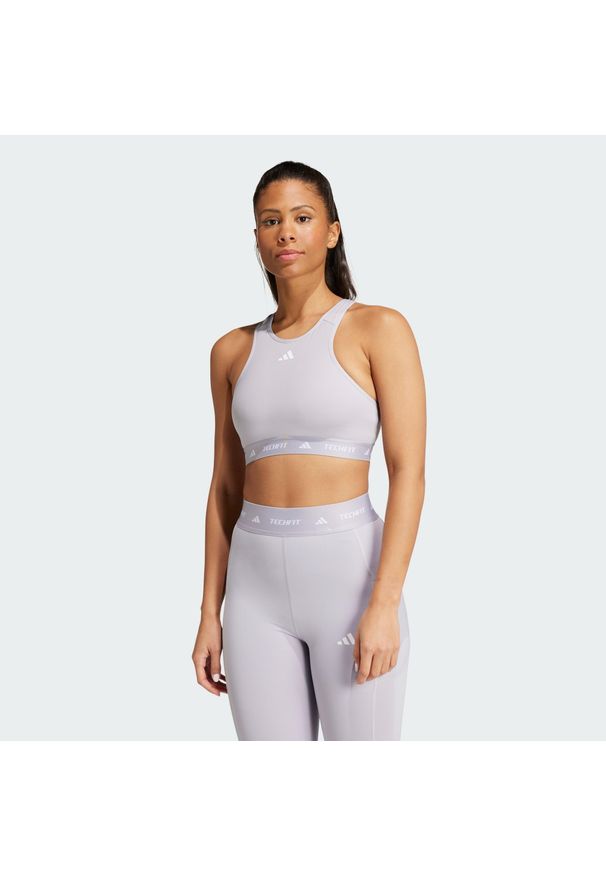Adidas - Biustonosz Techfit Medium-Support High-Neck. Kolor: szary. Materiał: materiał. Technologia: Techfit (Adidas). Sport: fitness