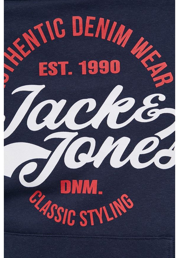 Jack & Jones Bluza męska kolor granatowy z kapturem z nadrukiem. Okazja: na co dzień. Typ kołnierza: kaptur. Kolor: niebieski. Wzór: nadruk. Styl: casual