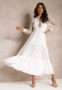 Renee - Biała Sukienka z Bufiastym Rękawem Ozdobiona Tiulowymi Wstawkami Laluna. Kolor: biały. Materiał: tiul. Wzór: aplikacja #3