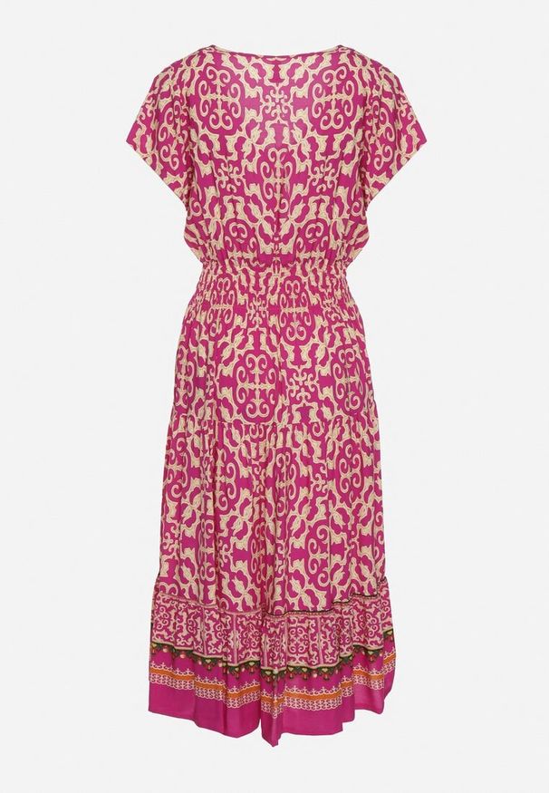 Born2be - Fioletowa Bawełniana Sukienka z Dekoltem w Serek Zapinana na Guziki z Gumką w Pasie Kelea. Okazja: na co dzień. Typ kołnierza: dekolt w serek. Kolor: fioletowy. Materiał: bawełna. Typ sukienki: proste. Styl: wizytowy, klasyczny, casual, elegancki