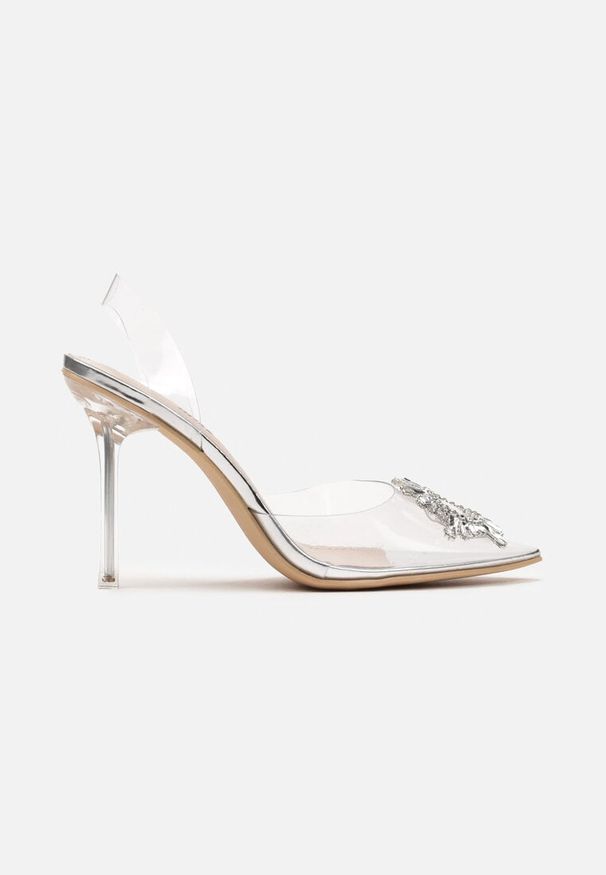 Renee - Srebrne Transparentne Sandały na Obcasie z Silikonowym Noskiem z Biżuteryjną Klamrą Groolia. Okazja: na co dzień. Zapięcie: klamry. Kolor: srebrny. Materiał: materiał. Obcas: na obcasie. Styl: casual, klasyczny. Wysokość obcasa: średni