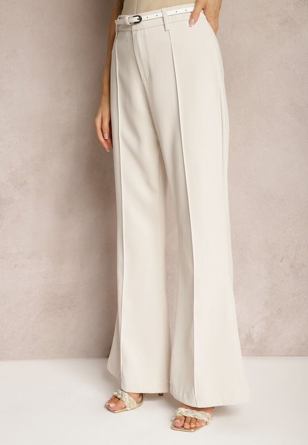 Renee - Beżowe Casualowe Spodnie w Stylu Dzwonów High Waist Uinna. Okazja: na co dzień. Stan: podwyższony. Kolor: beżowy. Styl: casual