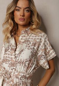 Renee - Jasnobeżowa Wiskozowa Sukienka Koszulowa z Materiałowym Paskiem i Gumką w Talii Cilefia. Okazja: na co dzień. Kolor: beżowy. Materiał: materiał, wiskoza. Typ sukienki: koszulowe. Styl: klasyczny, casual #5