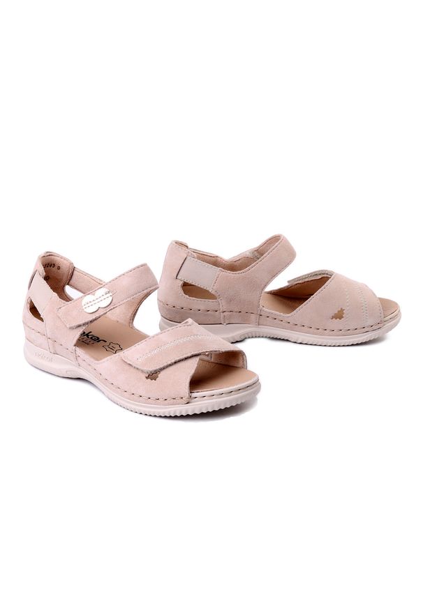 Rieker - RIEKER V7474-60 beige, sandały damskie. Zapięcie: rzepy. Kolor: beżowy. Materiał: skóra. Obcas: na koturnie