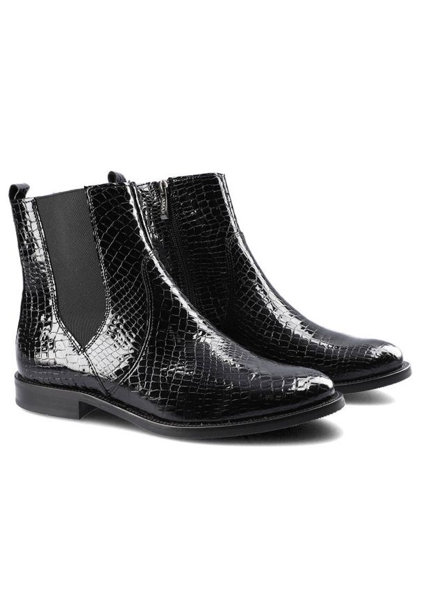 Czarne Botki Damskie Dwunasty Shoes Jesienne Buty. Kolor: czarny. Materiał: lakier, skóra. Szerokość cholewki: normalna. Wzór: nadruk, motyw zwierzęcy. Sezon: jesień. Obcas: na obcasie. Styl: klasyczny. Wysokość obcasa: niski