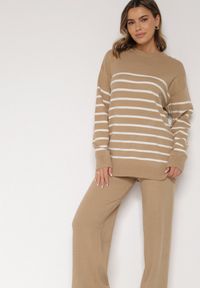 Born2be - Ciemnobeżowy Komplet z Wełną i Bawełną Sweter w Paski i Szerokie Spodnie Neveena. Kolor: beżowy. Materiał: wełna, bawełna. Wzór: paski #7