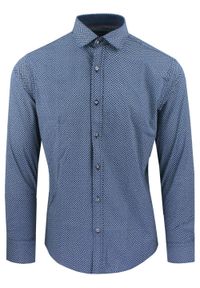 Męska Koszula, Taliowana (Slim Fit) - Rigon - Granat, Wzór. Okazja: do pracy, na spotkanie biznesowe. Kolor: niebieski. Materiał: bawełna, poliester, elastan. Długość rękawa: długi rękaw. Długość: długie. Styl: wizytowy, elegancki, biznesowy #1