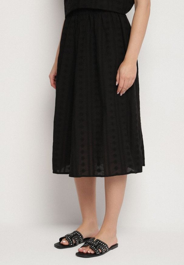 Born2be - Czarny Komplet Haftowany z Bawełny Koszula z Guziczkami i Spódnica z Gumką w Pasie Efrionea. Kolor: czarny. Materiał: bawełna. Wzór: haft