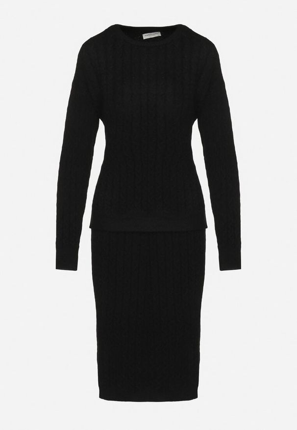 Born2be - Czarny Komplet Dzianinowy Sweter i Ołówkowa Spódnica z Ozdobnym Splotem Sairens. Kolor: czarny. Materiał: dzianina. Wzór: ze splotem