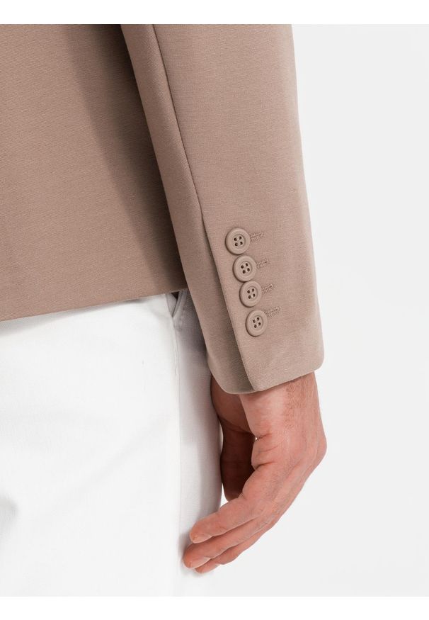 Ombre Clothing - Męska marynarka z naszywanymi kieszeniami - ciemnobeżowa V3. Kolor: beżowy. Materiał: wiskoza, elastan, poliester, materiał. Styl: elegancki