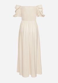 Born2be - Beżowa Koktajlowa Sukienka Typu Hiszpanka z Rozcięciem Vikita. Typ kołnierza: dekolt hiszpanka. Kolor: beżowy. Długość rękawa: krótki rękaw. Styl: wizytowy #6