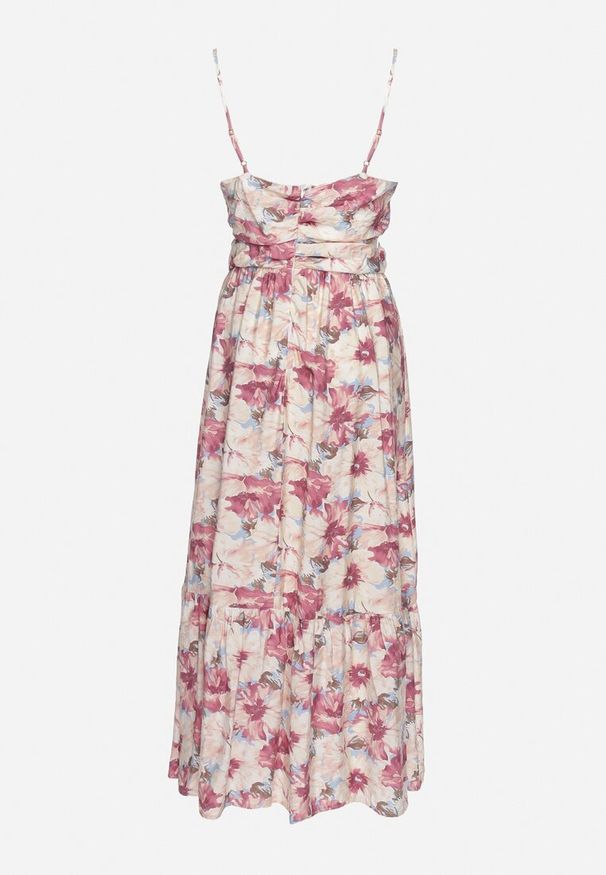 Born2be - Jasnofioletowa Sukienka w Kwiaty na Regulowanych Ramiączkach z Rozcięciami i Ozdobnymi Guzikami Dimllie. Okazja: na co dzień. Typ kołnierza: dekolt w serek. Kolor: fioletowy. Długość rękawa: na ramiączkach. Wzór: kwiaty. Typ sukienki: rozkloszowane. Styl: elegancki, casual