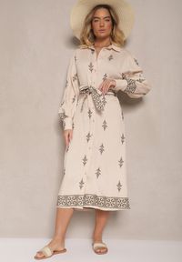 Renee - Beżowa Koszulowa Sukienka w Stylu Szmizjerki z Wiskozy Wiązana w Talii Telaniwena. Okazja: na co dzień. Kolor: beżowy. Materiał: wiskoza. Wzór: haft, aplikacja. Typ sukienki: koszulowe, szmizjerki. Styl: klasyczny, casual #4
