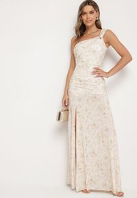 Born2be - Beżowa Taliowana Sukienka na Jedno Ramię w Kwiatowy Wzór Melanisea. Kolor: beżowy. Wzór: kwiaty. Styl: elegancki #2