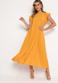 Born2be - Pomarańczowa Plisowana Sukienka z Krótkim Rękawem Nlea. Kolor: pomarańczowy. Długość rękawa: krótki rękaw #5