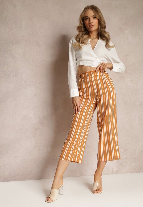 Renee - Pomarańczowe Szerokie Spodnie z Gumką w Pasie i Printem w Paski Jamiena. Kolor: pomarańczowy. Wzór: nadruk, paski