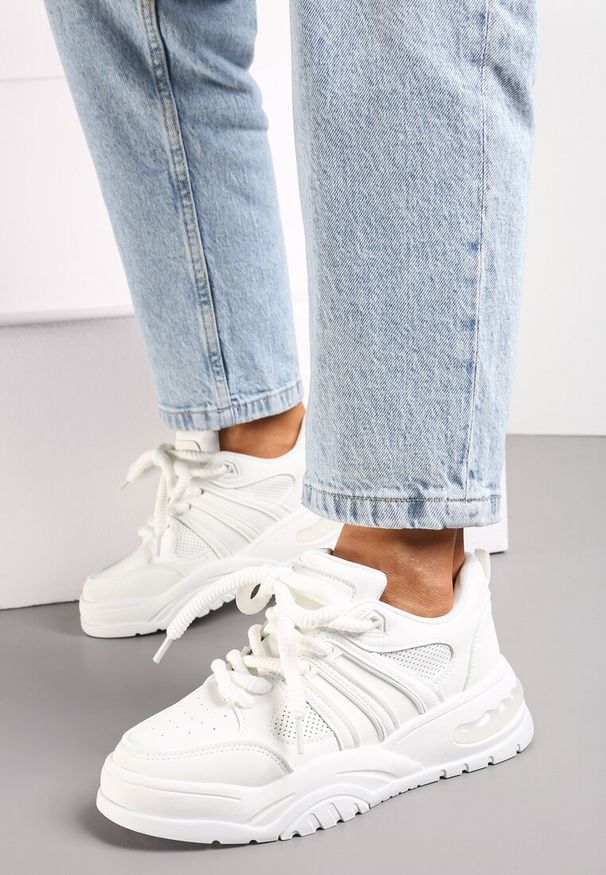 Renee - Białe Sneakersy na Grubej Podeszwie z Brokatem Lenema. Okazja: na co dzień. Kolor: biały