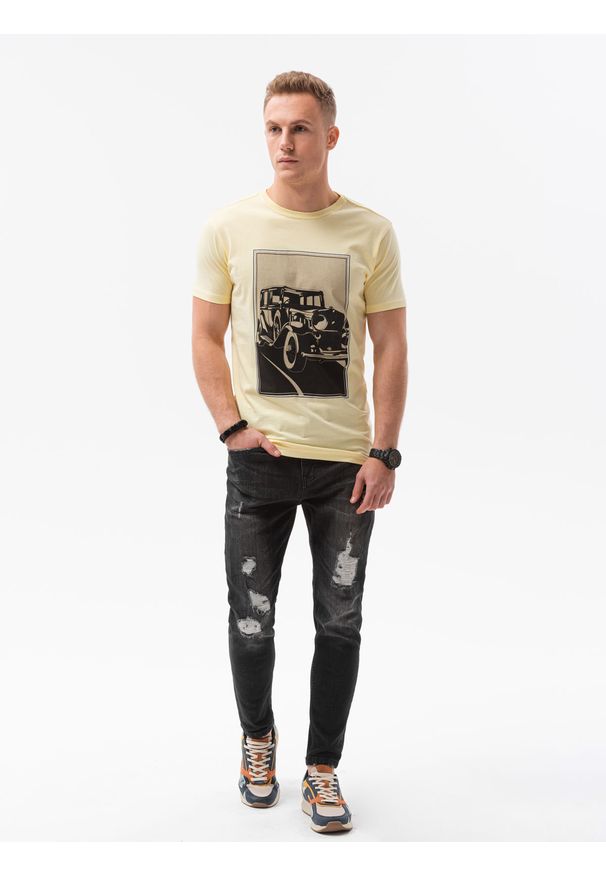 Ombre Clothing - T-shirt męski z nadrukiem S1434 V-11B - żółty - XXL. Kolor: żółty. Materiał: bawełna. Wzór: nadruk
