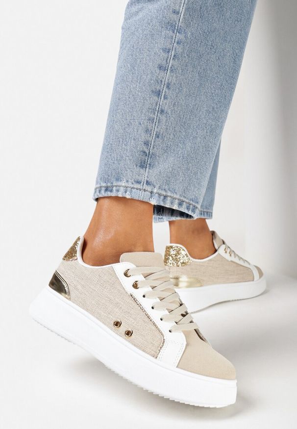 Born2be - Beżowe Sneakersy przed Kostkę na Grubej Podeszwie z Metalicznymi Wstawkami Aglimria. Okazja: do pracy. Wysokość cholewki: przed kostkę. Kolor: beżowy