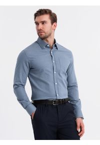 Ombre Clothing - Męska koszula SLIM FIT z ozdobnej tkaniny z kieszonką – niebieska V1 - Rozmiar: L. Okazja: do pracy. Typ kołnierza: kołnierzyk klasyczny. Kolor: niebieski. Materiał: tkanina. Wzór: haft, ze splotem. Styl: klasyczny, elegancki #10