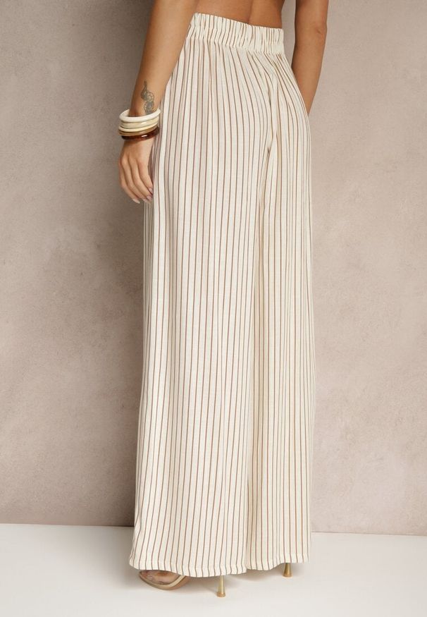 Renee - Beżowo-Brązowe Szerokie Spodnie High Waist w Paski z Bawełny Silorea. Okazja: na co dzień. Stan: podwyższony. Kolor: beżowy. Materiał: bawełna. Wzór: paski. Styl: elegancki, casual