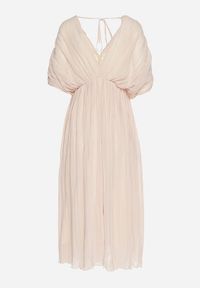 Born2be - Beżowa Sukienka Rozkloszowana z Wiązaniem na Szyi o Luźnym Kroju Napila. Okazja: na co dzień. Typ kołnierza: dekolt w kształcie V. Kolor: beżowy. Styl: klasyczny, casual, elegancki #5