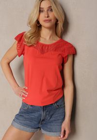 Renee - Czerwony Elegancki T-shirt Bluzka z Bawełny z Przezroczystymi Wstawkami Biopara. Kolor: czerwony. Materiał: bawełna. Sezon: lato. Styl: elegancki
