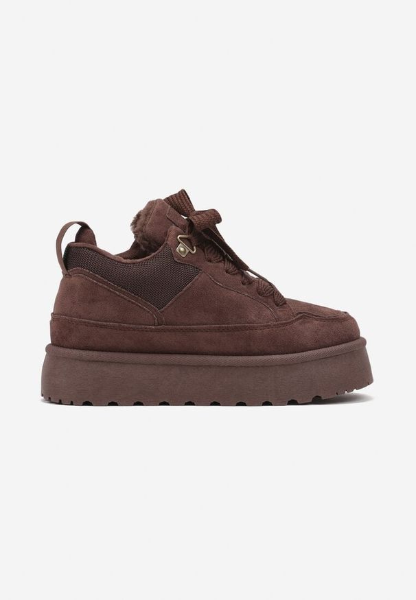 Renee - Brązowe Sneakersy na Platformie ze Sznurowaniem Ozdobione Futerkiem Vaivelle. Okazja: na spotkanie biznesowe. Nosek buta: okrągły. Zapięcie: sznurówki. Kolor: brązowy. Wzór: aplikacja. Materiał: futro. Sezon: zima. Obcas: na platformie. Wysokość obcasa: średni
