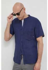 TOMMY HILFIGER - Tommy Hilfiger koszula lniana kolor granatowy regular ze stójką. Typ kołnierza: kołnierzyk stójkowy. Kolor: niebieski. Materiał: len. Długość rękawa: krótki rękaw. Długość: krótkie #2