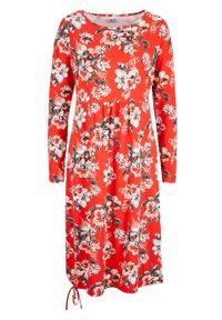 Sukienka z dżerseju z wiązanym troczkiem w dolnej części, długi rękaw bonprix truskawkowy w kwiaty. Kolor: czerwony. Materiał: jersey. Długość rękawa: długi rękaw. Wzór: kwiaty #1