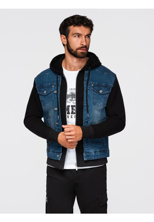 Ombre Clothing - Męska kurtka jeansowa z dzianinowymi rękawami i kapturem – niebiesko-czarna V2 - Rozmiar: L. Okazja: na co dzień. Kolor: niebieski. Materiał: jeans, dzianina. Styl: casual, klasyczny, elegancki