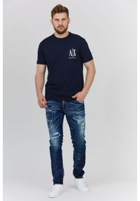 Armani Exchange - ARMANI EXCHANGE Granatowy t-shirt męski z wyszywanym logo. Kolor: niebieski. Materiał: prążkowany