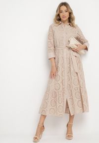 Born2be - Beżowa Bawełniana Sukienka Ażurowa o Koszulowym Kroju Elowetia. Okazja: na imprezę. Kolor: beżowy. Materiał: bawełna. Długość rękawa: długi rękaw. Wzór: ażurowy. Typ sukienki: koszulowe. Styl: boho, elegancki #6