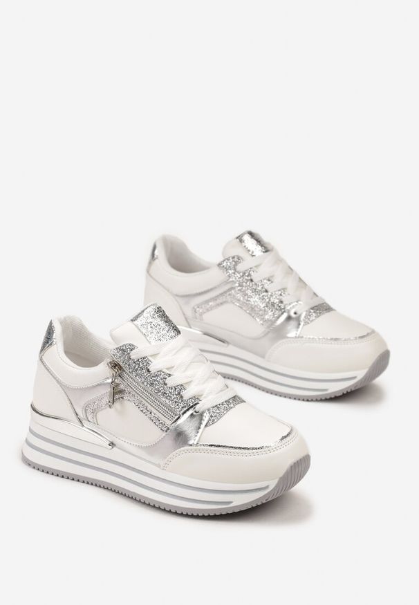 Renee - Srebrne Sneakersy z Metalicznymi Wstawkami i Brokatem na Grubej Podeszwie Anova. Kolor: biały. Materiał: skóra. Sezon: wiosna