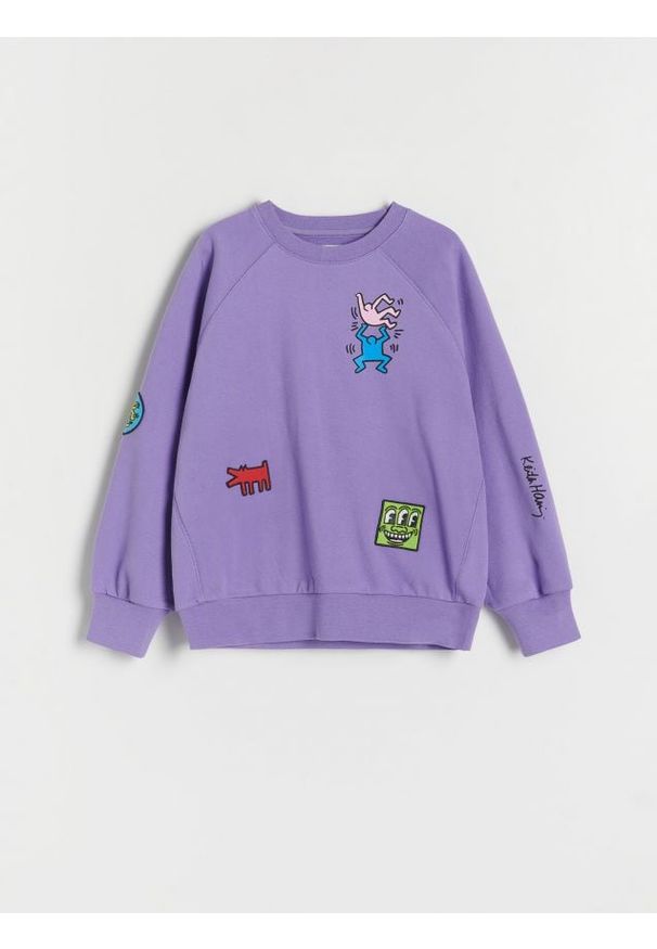 Reserved - Bluza z naszywkami Keith Haring - fioletowy. Kolor: fioletowy. Materiał: dzianina, bawełna. Wzór: aplikacja