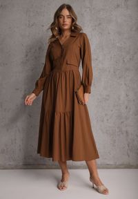 Renee - Brązowa Rozkloszowana Sukienka Koszulowa z Bawełny i Wiskozy Zdobiona Klapami Gleta. Okazja: na co dzień. Kolor: brązowy. Materiał: wiskoza, bawełna. Wzór: aplikacja. Typ sukienki: koszulowe. Styl: casual, elegancki #8