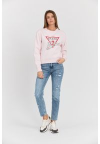 Guess - GUESS Różowa damska bluza Icon z dużym logo, Rozmiar L. Okazja: na co dzień. Kolor: różowy. Materiał: materiał, poliester, bawełna. Styl: casual, elegancki