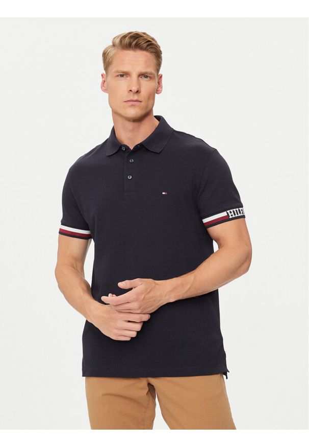 TOMMY HILFIGER - Tommy Hilfiger Polo Monotype Flag MW0MW33585 Granatowy Slim Fit. Typ kołnierza: polo. Kolor: niebieski. Materiał: wiskoza