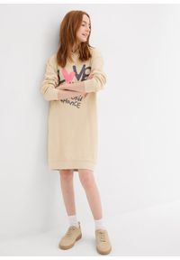 bonprix - Sukienka dresowa z kapturem z czystej bawełny organicznej. Typ kołnierza: kaptur. Kolor: beżowy. Materiał: dresówka, bawełna. Wzór: nadruk #3
