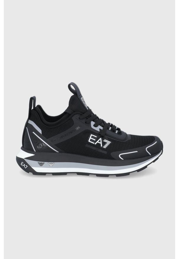 EA7 Emporio Armani Buty kolor czarny na płaskiej podeszwie. Nosek buta: okrągły. Zapięcie: sznurówki. Kolor: czarny. Materiał: guma. Obcas: na płaskiej podeszwie
