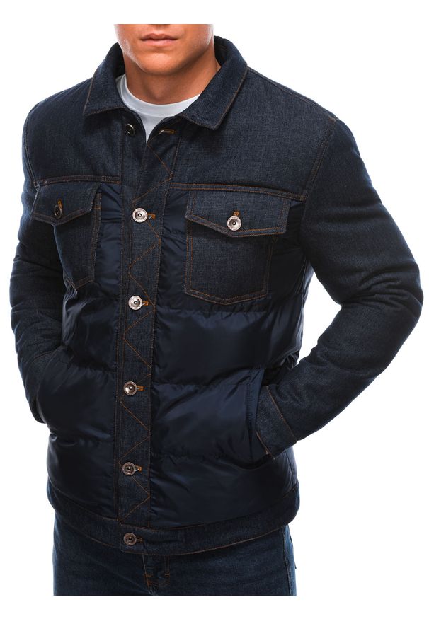 Ombre Clothing - Kurtka męska przejściowa C446 - granatowa - XXL. Typ kołnierza: kołnierzyk stójkowy. Kolor: niebieski. Materiał: bawełna, dzianina, jeans, poliester. Wzór: aplikacja. Styl: elegancki
