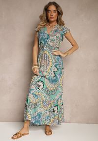 Renee - Zielono-Żółta Sukienka z Bawełny w Stylu Boho z Kopertowym Dekoltem Dillana. Kolor: zielony. Materiał: bawełna. Wzór: aplikacja. Typ sukienki: kopertowe. Styl: boho. Długość: maxi